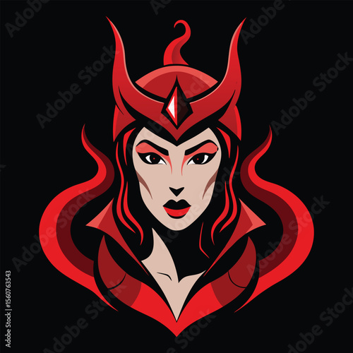 Scarlet sorceress with red horns and flowing hair vector art