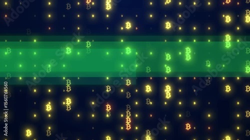 Animated Digital Background With Glowing Bitcoin Symbols, Glowing Bitcoin Symbols Pattern Technology Animation, Bitcoin Symbols With A Glowing Green Data Of The Bitcoin Blockchain. Crypto Market Tech