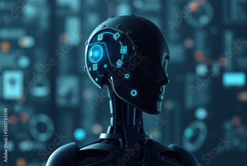 Advanced ai robot analyzing data in futuristic control room