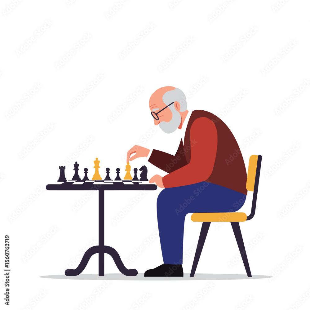 Fototapeta premium Elderly man playing chess at table with focused expression indoors 