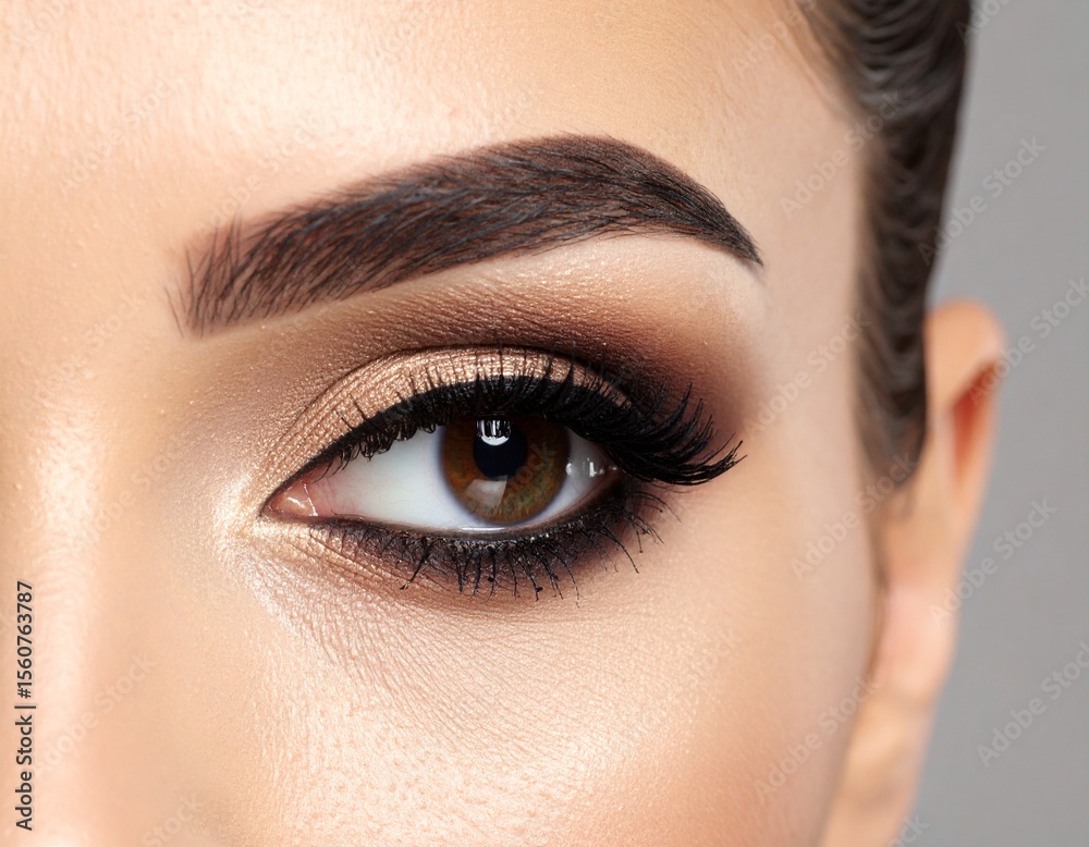 Fototapeta premium Close-up of a Woman's Eye with Smokey Eye Makeup and Defined Brows