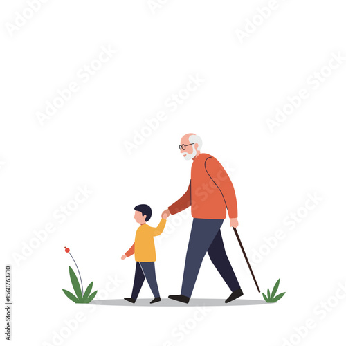 Elderly man walking with grandson in a park with flowers  