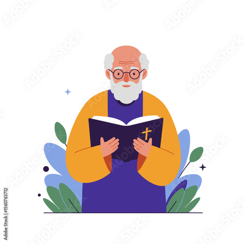 Elderly man with open Bible and glasses reading in floral setting  