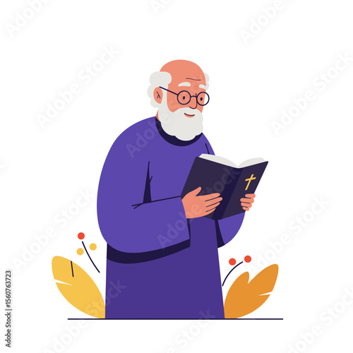 Elderly man reading open Bible with glasses and smiling outdoors  