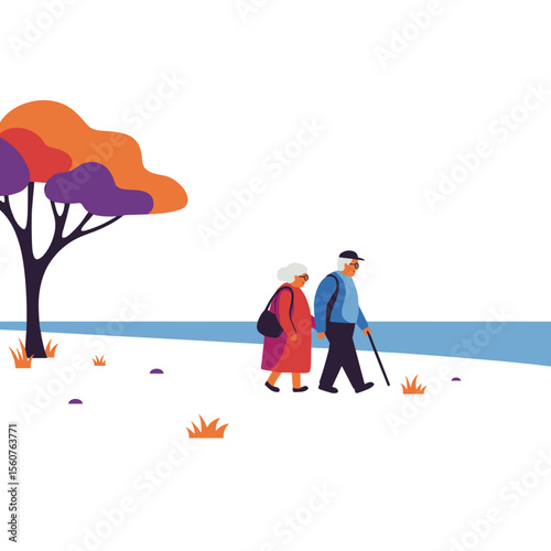 Elderly couple walking on beach in colorful scenery with trees  