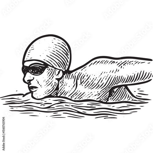 Monochrome sketch of a swimmer in breaststroke, cap and goggles, depicting gentle water movement and strong posture