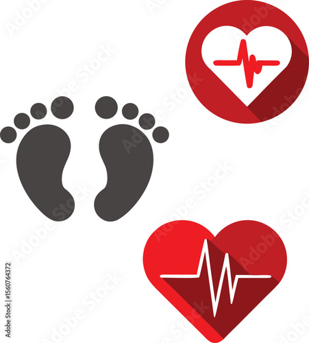 Collection of flat medical icons featuring baby feet and a heart suitable for healthcare and family themed designs