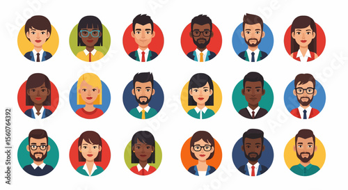 Adobe Illustrator set of avatar vector flat style illustration of diverse business people, showcasing various ethnicities, genders, and professional styles, ideal for corporate and social designs