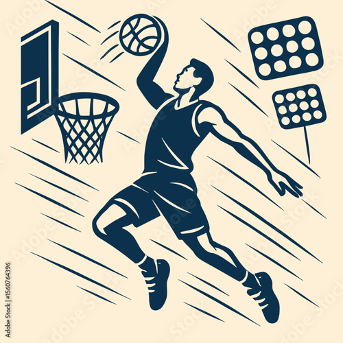 Mid‑Air Slam Dunk Basketball T‑Shirt – Flat Vector Outline – Stadium Lights

