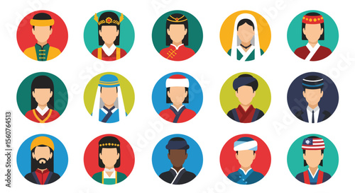 
Adobe Illustrator set of avatar vector flat style illustration of diverse people wearing traditional Asian and ethnic costumes, representing various cultures and heritage