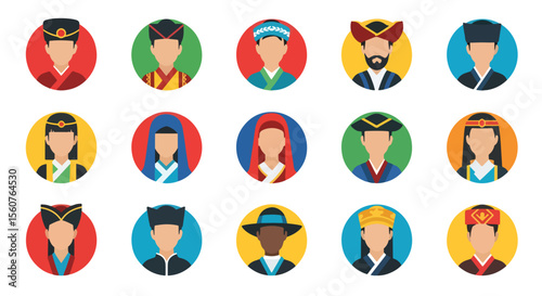 
Adobe Illustrator set of avatar vector flat style illustration of diverse people wearing traditional Asian and ethnic costumes, representing various cultures and heritage