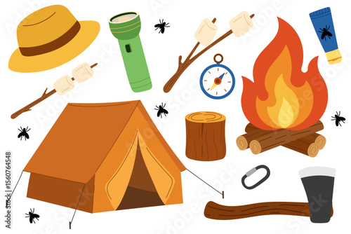 Camping equipment vector set with tent, campfire, flashlight, marshmallows, compass, axe, and forest elements — a ranger hat, tree stump, carabiner, and insects. Perfect for summer camp materials.