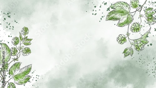 Animated video background featuring hop branches with cones and leaves, ideal for beer branding, brewing presentations, brewery ads, or botanical and floral themed motion designs. Floral, leaves.