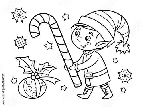 A Christmas elf cute coloring page. Adorable Christmas elf cartoon illustration, black and white coloring pag,e festive holiday character