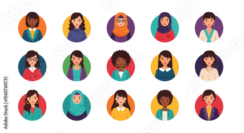 Adobe Illustrator set of avatar vector flat style illustration of diverse women's faces, representing various ethnicities and appearances, ideal for user profiles and inclusive design