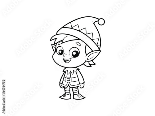 A Christmas elf cute coloring page. Adorable Christmas elf cartoon illustration, black and white coloring pag,e festive holiday character