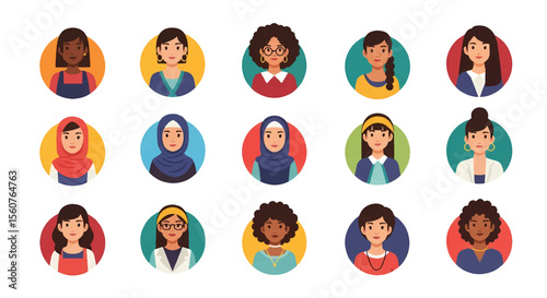Adobe Illustrator set of avatar vector flat style illustration of diverse women's faces, representing various ethnicities and appearances, ideal for user profiles and inclusive design