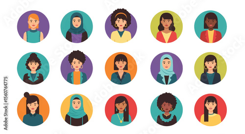 Adobe Illustrator set of avatar vector flat style illustration of diverse women's faces, representing various ethnicities and appearances, ideal for user profiles and inclusive design