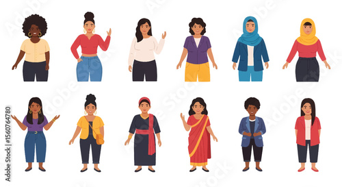 Adobe Illustrator set of avatar vector flat style illustration of diverse women in various outfits, showcasing different cultures and professions, ideal for inclusive design projects