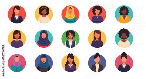 Adobe Illustrator set of avatar vector flat style illustration of diverse women's faces, representing various ethnicities and appearances, ideal for user profiles and inclusive design