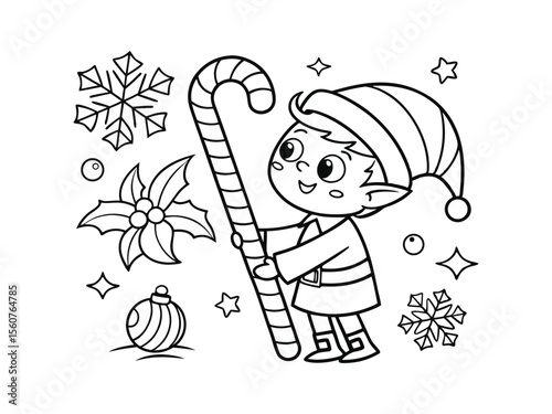 A Christmas elf cute coloring page. Adorable Christmas elf cartoon illustration, black and white coloring pag,e festive holiday character