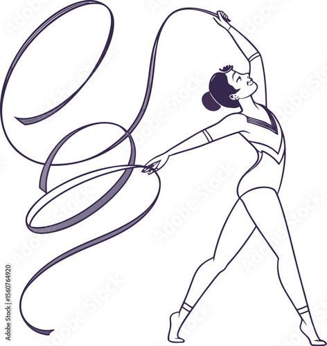 Dynamic female rhythmic gymnast gracefully performing with a flowing ribbon captured in a vibrant vector illustration perfect for sports and fitness themes