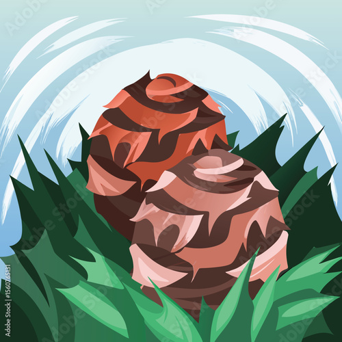 Artistic illustration of pine cones nestled amidst green foliage and abstract brushstrokes