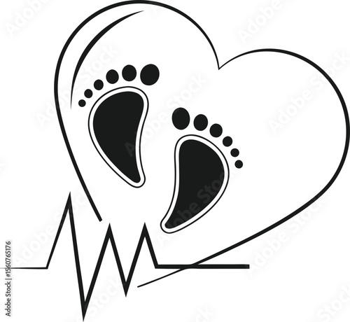 Minimalist graphic design featuring a heartbeat line connecting a heart symbol with baby footprints symbolizing love family and new life