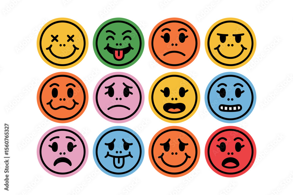 Naklejka premium Vector art of twelve retro emoji faces isolated on white background