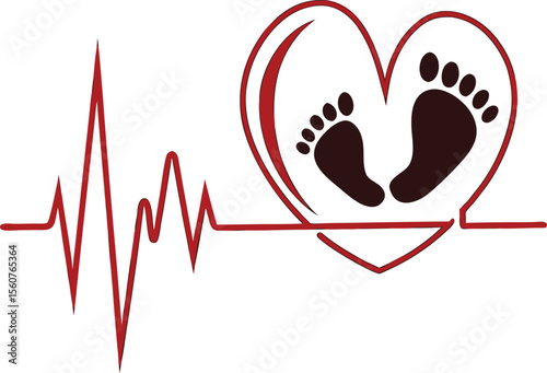 Minimalist heartbeat line art with a heart and baby feet symbolizing love family and new life
