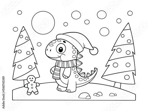 Christmas candy cane coloring page. cute dinosaur in winter