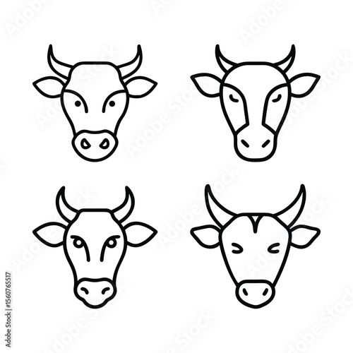 
A black and white illustration shows four cow faces.