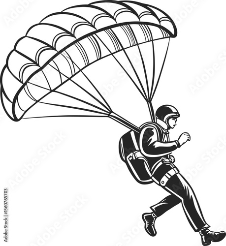 Minimalist silhouette of a skydiver in mid air captured in a dynamic freefall pose against a clean background perfect for adventure sports and aviation themes