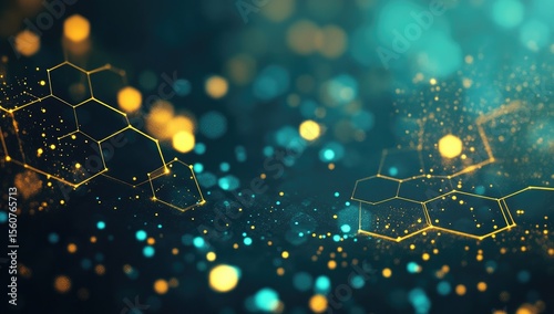 Abstract digital artwork.  Hexagonal shapes, glowing particles, vibrant teal and gold colors.  Dark background