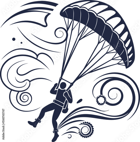 Modern vector logo design featuring a dynamic skydiver in mid air suitable for adventure sports extreme activities or aviation brands