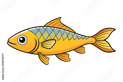 Bright and lively cartoon illustration of a vibrant yellow fish with geometric scales and detailed fins, perfect for child-friendly designs, educational materials, and playful aquatic-themed projects.
