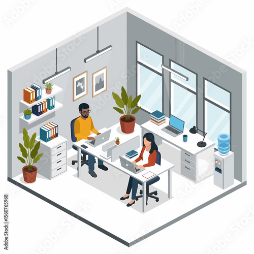 Adobe Illustrator vector flat style illustration of an isometric office space with four people working at desks with computers, showcasing teamwork and a modern work environment