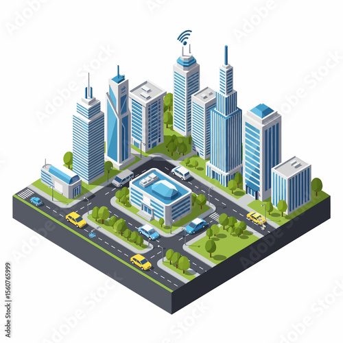 Adobe Illustrator vector flat style illustration of an isometric smart city block featuring modern buildings, roads with vehicles, trees, and wireless connectivity symbols