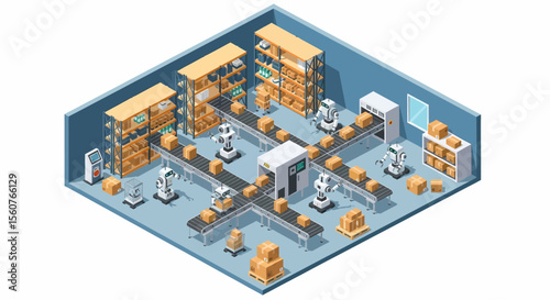 Adobe Illustrator vector flat style illustration of an isometric automated warehouse and factory, showcasing robotic arms, conveyor belts, and shelves with boxes for logistics and production