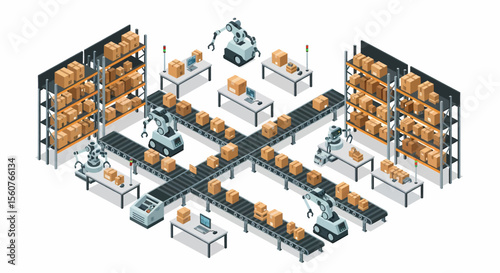 Adobe Illustrator vector flat style illustration of an isometric automated warehouse and factory, showcasing robotic arms, conveyor belts, and shelves with boxes for logistics and production