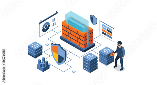 Adobe Illustrator vector flat style illustration of an isometric cybersecurity concept with a hacker, firewall, server, and shield, representing data protection and network security