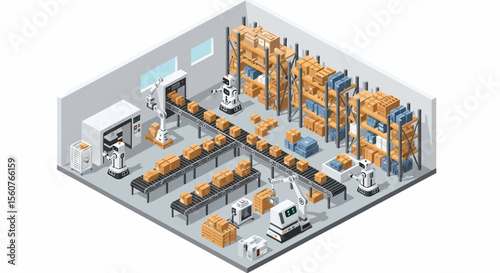 Adobe Illustrator vector flat style illustration of an isometric automated warehouse and factory, showcasing robotic arms, conveyor belts, and shelves with boxes for logistics and production