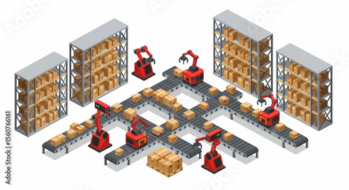 Adobe Illustrator vector flat style illustration of an isometric automated warehouse and factory, showcasing robotic arms, conveyor belts, and shelves with boxes for logistics and production