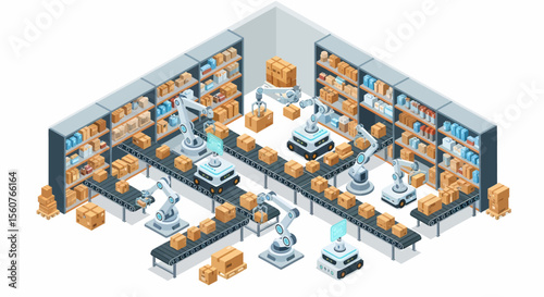 Adobe Illustrator vector flat style illustration of an isometric automated warehouse and factory, showcasing robotic arms, conveyor belts, and shelves with boxes for logistics and production