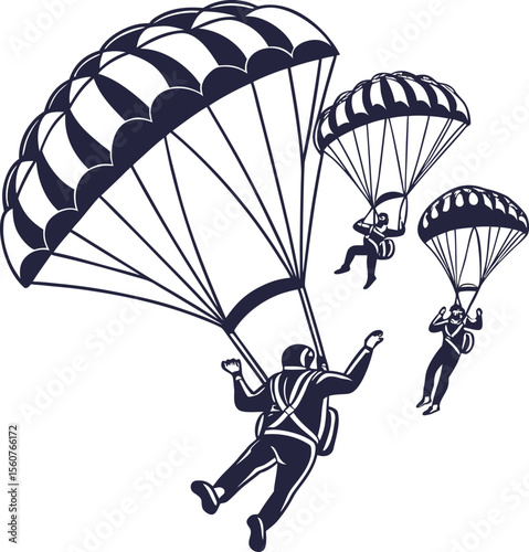 Dynamic skydiving team performing aerial maneuvers in formation showcasing teamwork and adventure with vibrant colors and clean lines