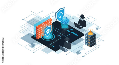 Adobe Illustrator vector flat style illustration of an isometric cybersecurity concept with a hacker, firewall, server, and shield, representing data protection and network security