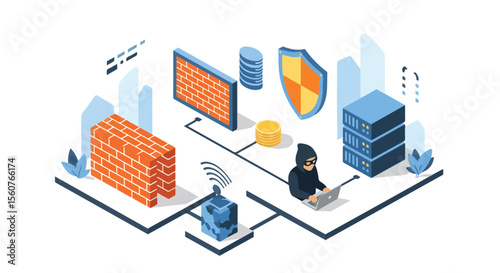 Adobe Illustrator vector flat style illustration of an isometric cybersecurity concept with a hacker, firewall, server, and shield, representing data protection and network security