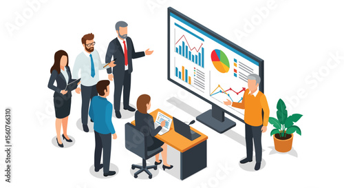 Adobe Illustrator vector flat style illustration of an isometric business presentation scene with speakers presenting data charts to an audience in a meeting room