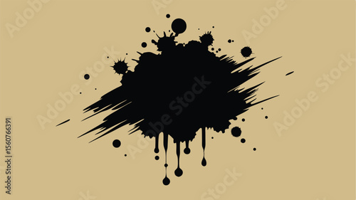 Black ink splash design element with dripping effect isolated on a white background