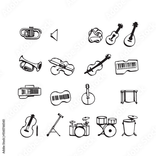 Collection of Hand Drawn Musical Instruments in Black and White Outline